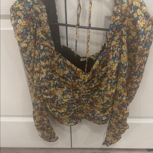 Astr Floral Long Sleeve Blouse - Blue and Yellow